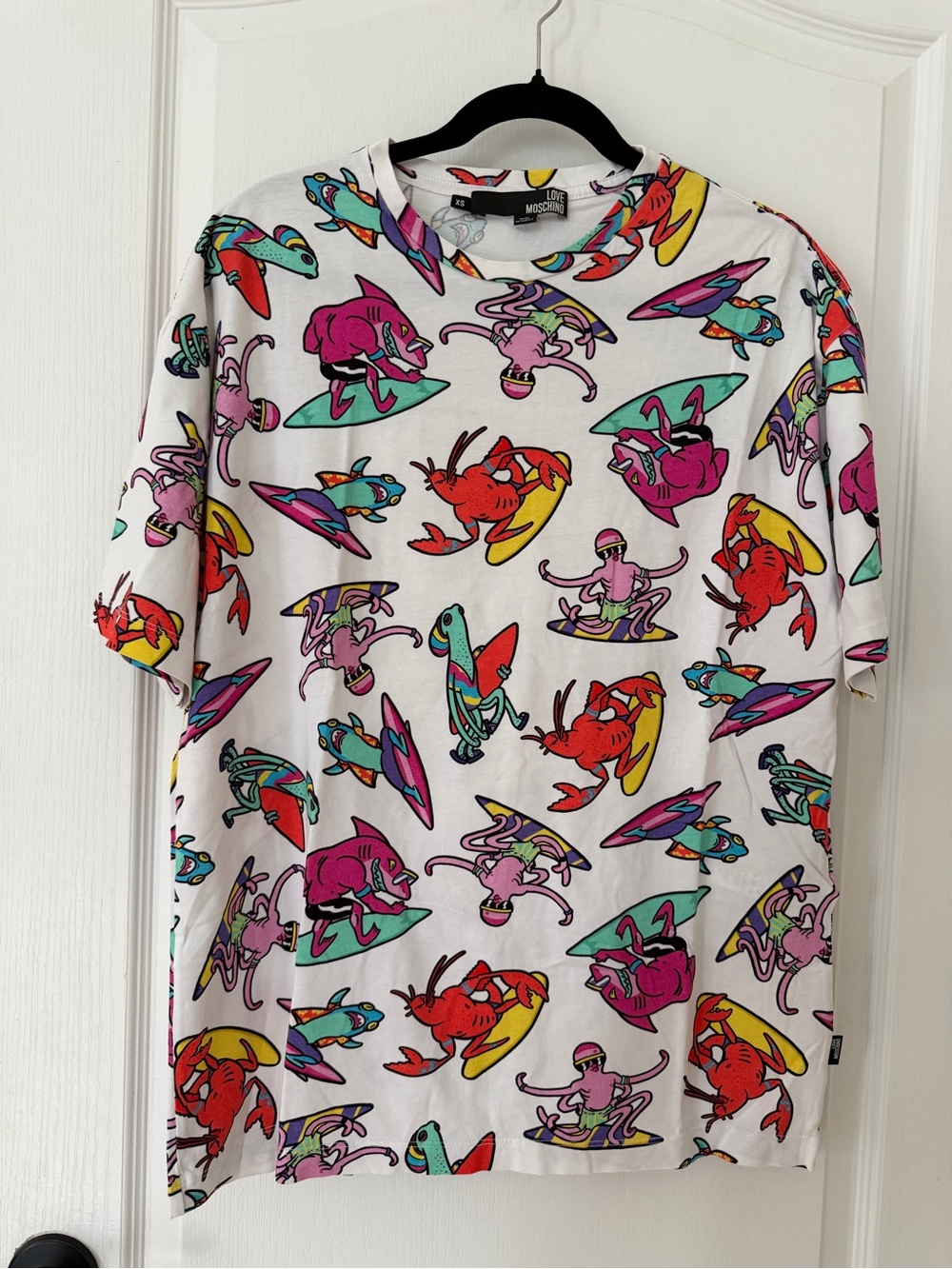 Love Moschino White Tee with Multi-Color Surf Creature Print